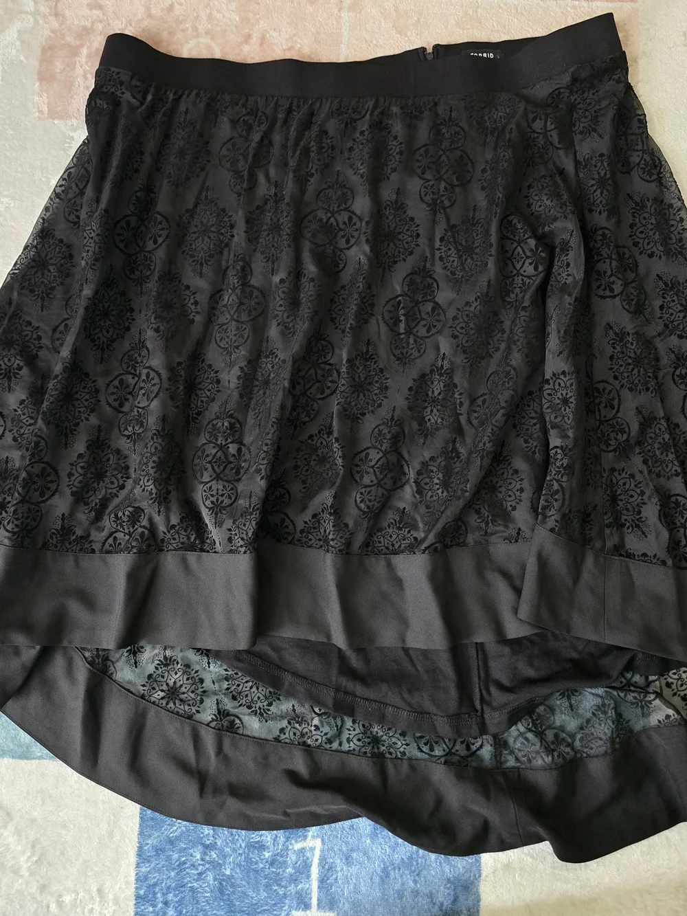 Torrid Black High-Low A-Line Skirt with Flocked Medallion Pattern
